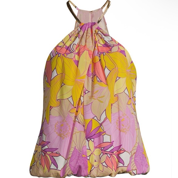 NEW TRINA TURK Key West Silk Blouse Halter Gold Chainlink Neckline {$228} Small - Picture 1 of 12